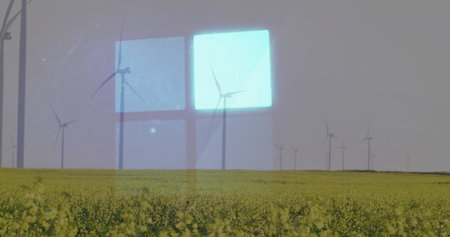 Generating energy three-bladed wind turbine powering farmland, with yellow crop and blue window....
