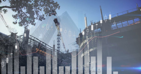 Showing tower crane lifting steel framework at construction site, with translucent financial charts....