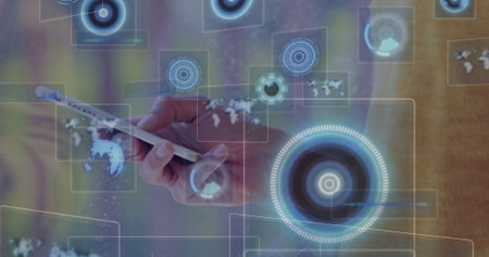 Holding smartphone revealing floating digital HUD elements and world map overlays in virtual space....