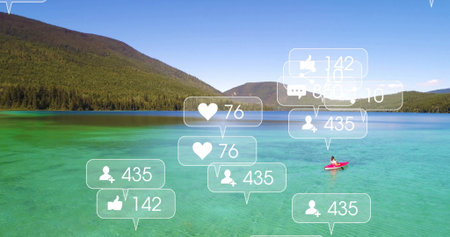 Paddling female kayaker wearing life jacket on mountain lake, with red kayak and social media icons. Adventure, exploration, wilderness, serenity, outdoor, leisure, natureの写真素材