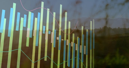 Displaying data overlay on hillside, with translucent bars, pink and green lines, crane silhouette. Abstract, analytics, modern, sustainability, efficiency, visualization, outdoorの写真素材