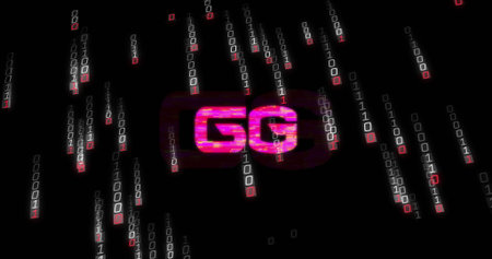 Streaming glitchy GG logo cascading binary rain across hacking interface, with digital code....