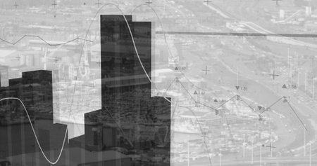 Presenting city skyline silhouette over aerial cityscape, with financial charts and data markers. Urban, data visualization, modern, technology, analytics, corporate, abstractの写真素材