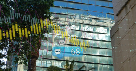 Displaying digital analytics overlay on glass-paneled office facade with palm tree, graffiti murals....
