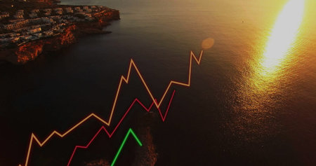 Rising zigzag line graphs over sea in cliffside village with white buildings, sun reflection. Coastal, landscape, data, analytics, visualization, scenic, tranquilの写真素材