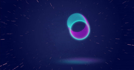 Floating glowing neon torus ring above faint platform in cyberspace, with radial light streaks....