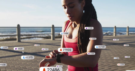Checking runner in sportswear tracking metrics on sea walkway with watch and icons, copy space....