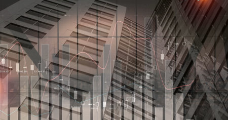 Overlaying glass skyscraper facades with financial data in city skyline, featuring candlestick bars....