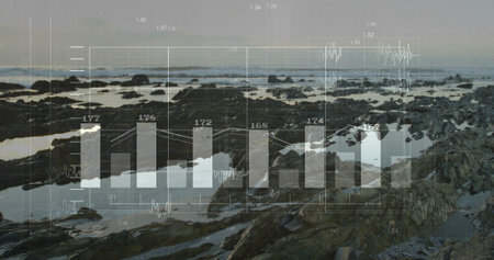 Showing jagged rock formations revealing shallow tide pools at low tide, with digital data overlay. Coastal, landscape, data visualization, technology, marine, analytical, minimalistの写真素材