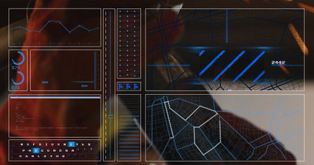 Hooded female operator analyzing data streams at high-tech console, with translucent HUD panels....