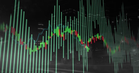 Showing data overlay on street at night with vertical green bars, red and green candlesticks blue...