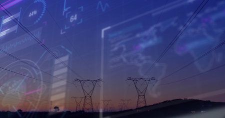 Featuring power lines and pylons spanning across hills at dusk, showing translucent charts and code....