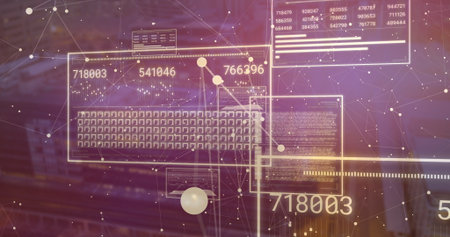 Projecting UI windows displaying keyboard, data panels, network nodes and spheres in control room....