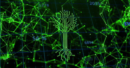 Pulsing neon-green circuit-tree glowing in digital grid, with node mesh network and numeric data. Futuristic, technology, cyberspace, connectivity, innovation, digital, networkの写真素材