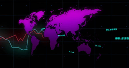 Displaying purple world map over grid at dashboard, fluctuating teal and red lines with data labels....