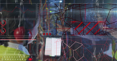 Monitoring woman in safety vest and headset viewing network maps at console with panels, copy space....