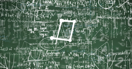 Displaying square graphic enclosing three pencil shapes on chalkboard, with equations and diagrams....