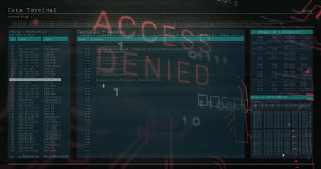 Displaying console showing code logs in interface, with ID table and red ACCESS DENIED overlay. Cybersecurity, encryption, technology, digital, hacker, data protection, networkの写真素材