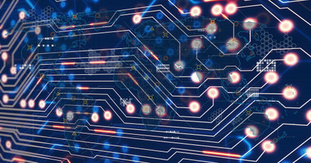 Displaying network overlay on screen, showing glowing nodes, map outlines, icons, light streaks....