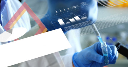 Technician wearing gloves pipetting blue liquid into test tube in lab, digital overlays, copy space. Science, research, analysis, healthcare, innovation, precision, data visualizationの写真素材