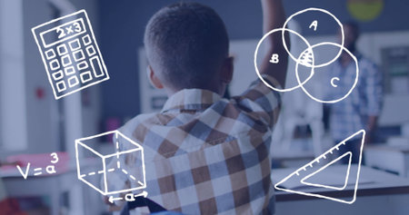 Raising student wearing plaid shirt signaling question in STEM lab, with math doodles and monitors. Education, learning, classroom, teaching, academic, innovation, discoveryの写真素材