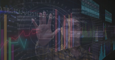 Scanning man in flannel shirt extending hand toward viewer in data lab, with holographic reticles....