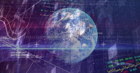 Displaying 3D Earth globe rotating in high-tech interface, with stock tickers and binary code. Futuristic, data visualization, digital interface, financial analytics, technology, innovation, virtual networkの写真素材