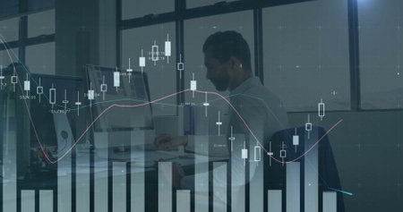 Monitoring analyst in collared shirt reading charts on two monitors at office, overlay, copy space....