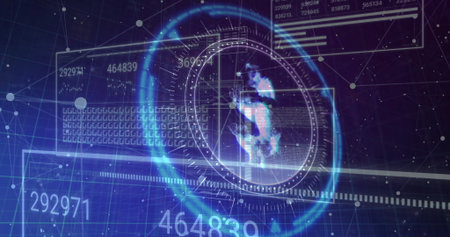 Displaying holographic globe display rotating within digital interface, with numeric data and grids....