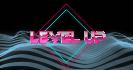 Featuring neon LEVEL UP text glowing in retro future scene, with pink cyan diamonds, striped wave....