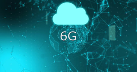 Hovering glowing cloud icon transmitting data across wireframe globe in network, with 6G overlay....