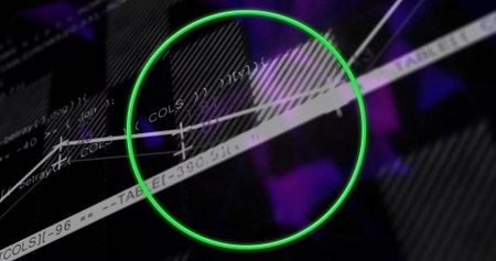 Neon green circle outline glowing in dark schematic interface, with angled white code fragments....