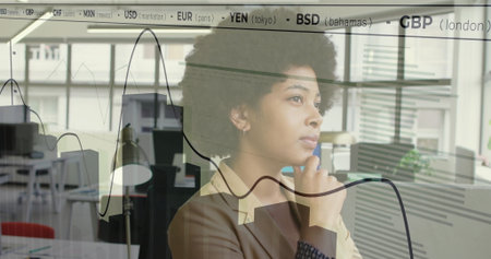 Woman in suit studying financial charts and currency codes on glass in office, copy space....