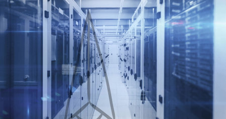 Showcasing data center corridor running between glass server racks, with LED lights and cable trays....