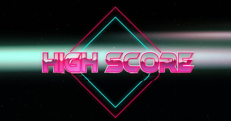 Neon HIGH SCORE text floating in digital starfield, with beam, diamond outline and particles. Futuristic, cyberpunk, digital graphics, luminous, vibrant, tech-inspired, brandingの写真素材