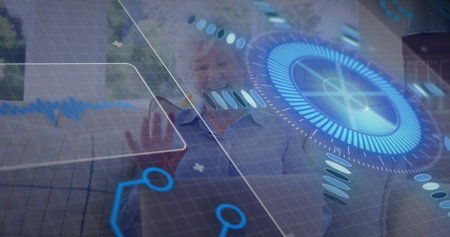Reaching senior woman touching holographic controls on sofa in living room, with graphs. Futuristic,...