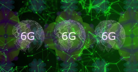 Showing three wireframe globes in network backdrop, featuring 6G labels, neon lines and nodes....