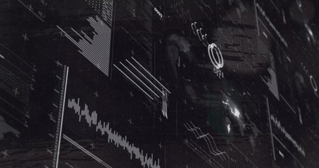 Abstract interface displaying data in tech center, with waveform chart, bar graph and world map....