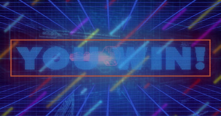 Displaying glowing dot matrix YOU WIN! within retro arena, with holographic sphere and neon border....