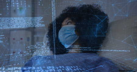 Interpreting woman patient wearing surgical mask navigating AR data overlays on exam table, pillow. Medical technology, augmented reality, digital interface, healthcare innovation, telemedicine, futuristic, data visualizationの写真素材