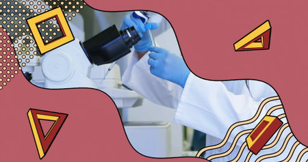 Gloved technician in lab coat manipulating pipette and adjusting microscope lens in lab with tube....