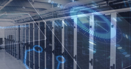 Operating glass-fronted server cabinets processing data in data center, with holographic graphics....