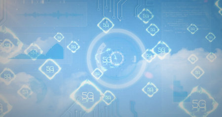 Floating central 5G interface over cloud backdrop, with diamond icons, circuit lines, code snippets....