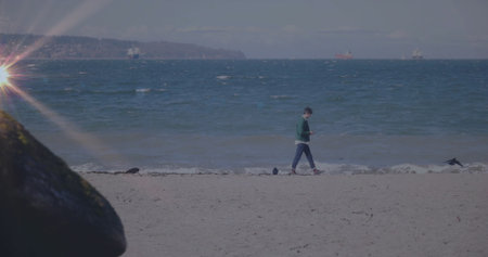 Walking man holding smartphone on sandy beach, with ocean waves, mossy rock, seagulls, cargo ships....