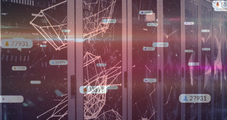 Displaying server rack emitting wireframe data in server corridor, with floating labels and LEDs....