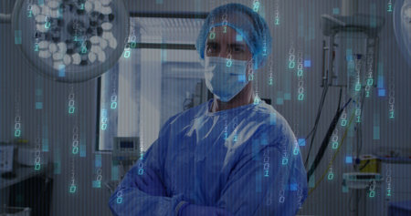 Standing surgeon wearing mask, hairnet, blue gown under lights in OR, with floating binary code....