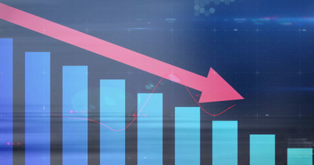 Displaying thick pink downward arrow trending on finance dashboard, with red line and bar chart....