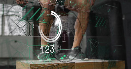 Jumping man stepping onto wooden plyometric box at fitness studio, with sneakers, digital overlays....