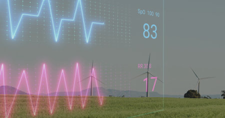 Overlay hovering above wind farm, with turbines, waveform graphs, grid, numeric displays 83,17....