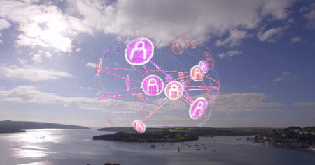 Hovering network globe displaying user icons above coastal bay, with sailboats and harbor town....